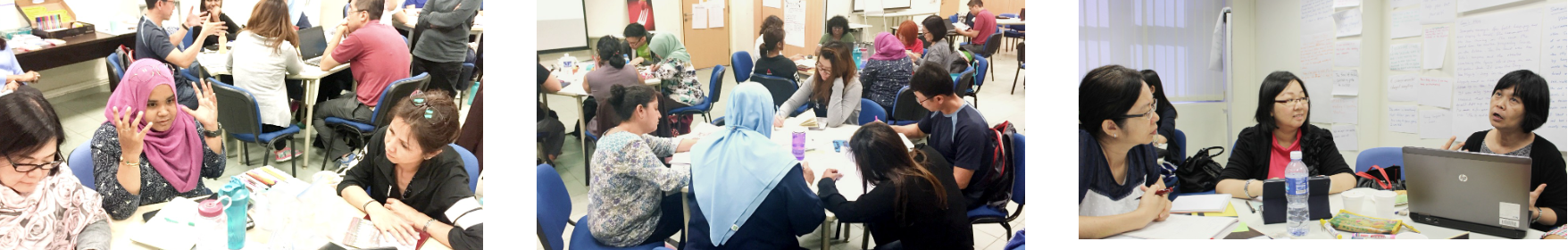 Three classroom scenes showing diverse groups of people seated at tables, collaborating and discussing in workshop settings.